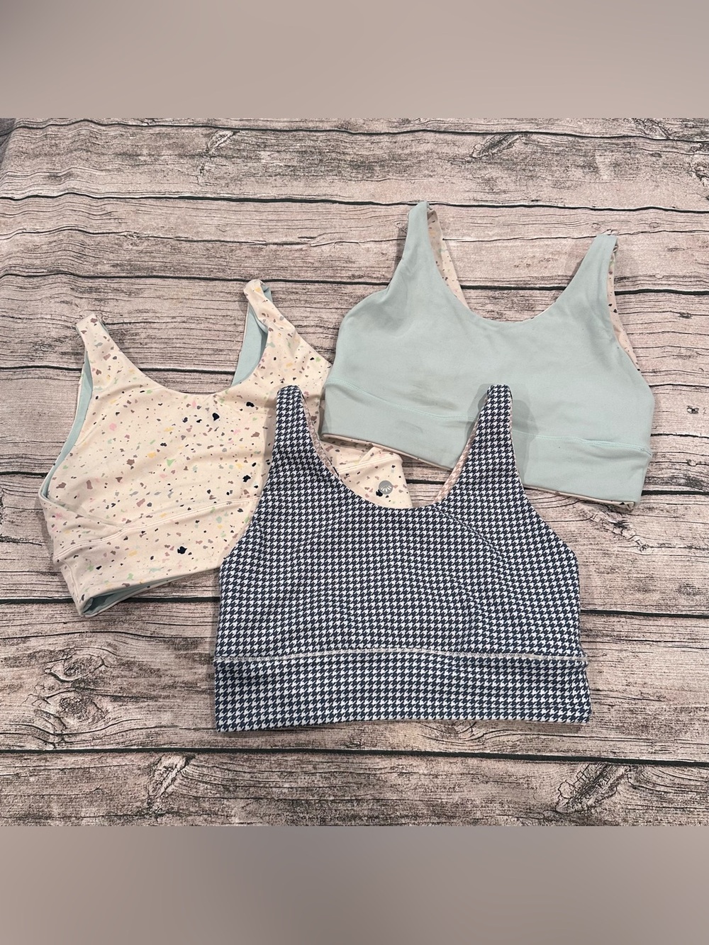 Lot of 3 Reversible Senita Athletics Sports Bras Solid, Terrazzo, Houndstooth M